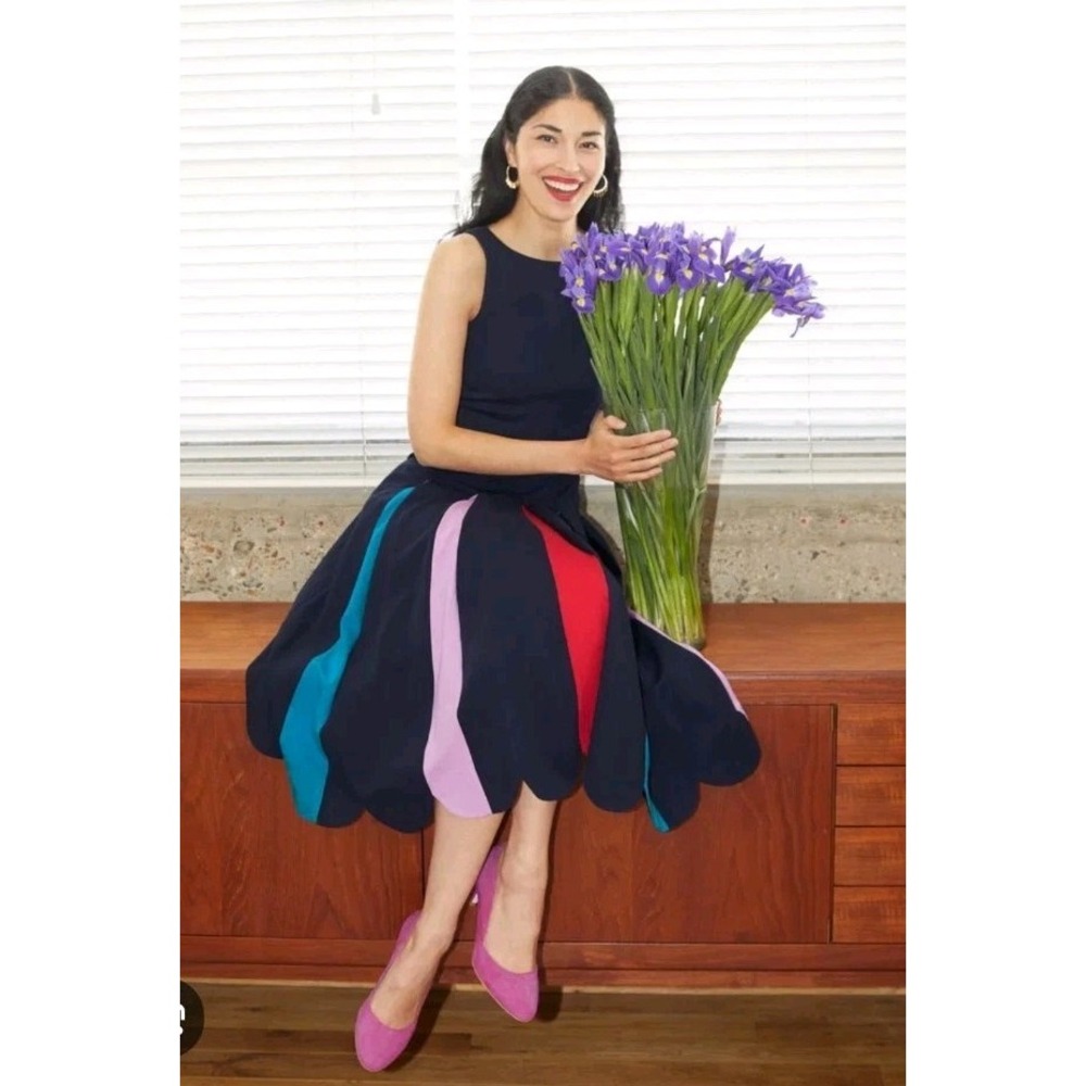 Boden Allegra Dress Ponte Scalloped Hem MultiColor Pleats Midi Blue Women Size 6